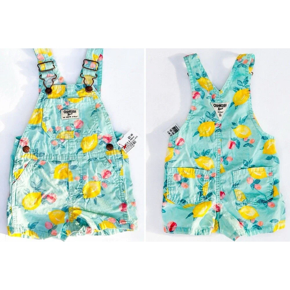 Girl's Oshkosh B'gosh Short Overalls Size 12M Toddler Lemon Print Vestbak Blue